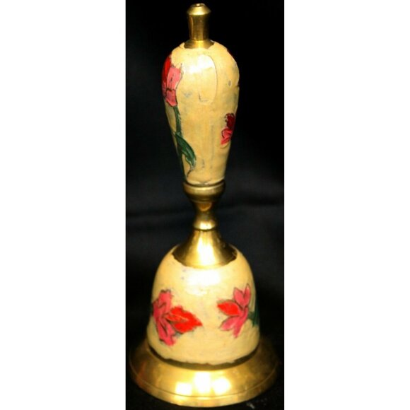 Metal Golden Brass Hand Bell Cream Enameled Pink Red Floral Pattern - Picture 9 of 12
